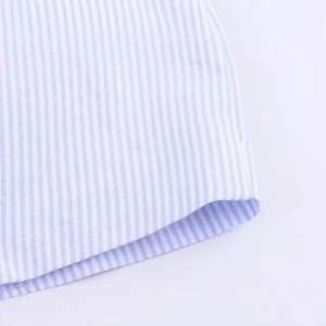 Blue and white pinstripe shirt featuring premium fabric texture and fine hem stitching