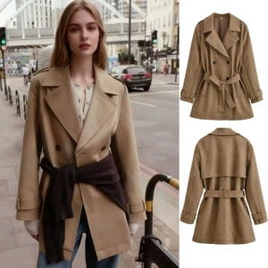 Women's Elegant Faux Suede Trench Coat Double Breasted Long Sleeve Waist Tie Belt Outerwear Windbreaker Camel Jacket
