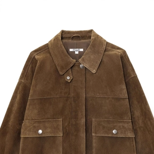 Women's dark brown faux suede bomber jacket with turn-down collar and large utility pockets
