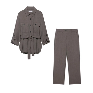 Tenue Femme Décontractée Couleur Unie Chemise Veste Et Pantalon Droit Streetwear Haut Et Pantalon Avec Ceinture