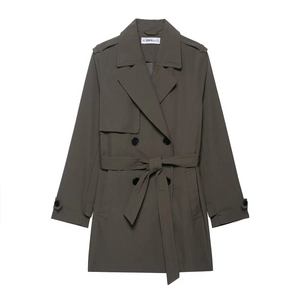 Classic dark grey-green double-breasted trench coat with adjustable waist belt and epaulettes
