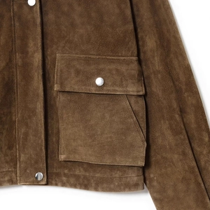 Deep brown faux suede aviator jacket with flap pockets and metallic snap buttons