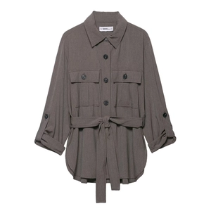 Ensemble chemise à manches longues taupe avec poches poitrine et ceinture nouée