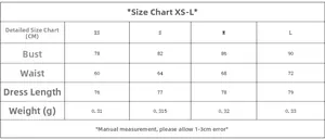 Size chart for bow mini dress including bust and waist measurements from XS to L