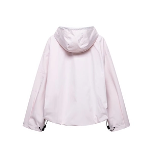 Detailed back view of a stylish light pink hooded casual windbreaker jacket for women