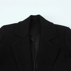 Classic black slim fit waist wool coat with lapel collar and detailed topstitching