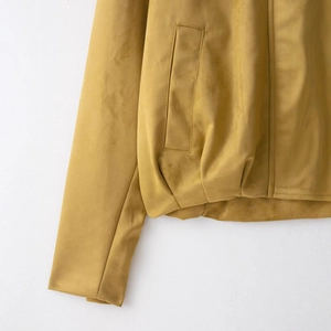 Women's mustard yellow suede-effect oversized bomber jacket with ribbed hem and pockets