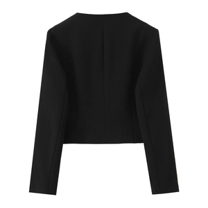 Dettaglio di un blazer corto nero con spalle strutturate e trama raffinata