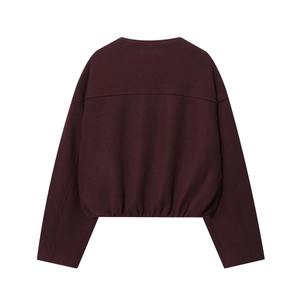Rear view of wine red cropped bomber jacket with dropped shoulders and elastic hemline