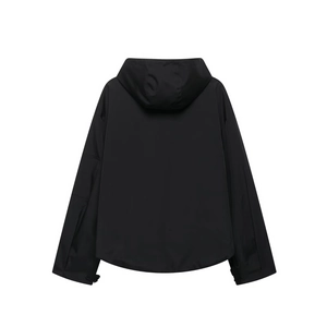 Back view of a casual black hooded windbreaker jacket with a curved hem and drop shoulders