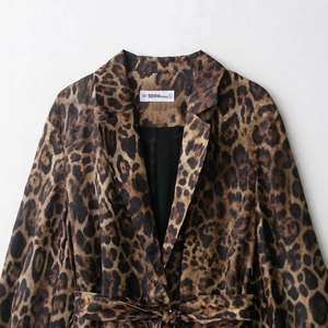 Women's leopard print blazer jacket with notch lapel and matching waist belt