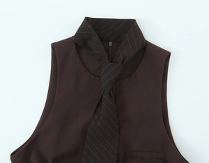 Détail de la cravate rayée et du col plissé sur cette robe sans manches de couleur marron