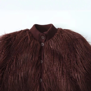 Dark brown faux fur knit jacket with ribbed collar and color-matching resin buttons