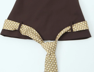 Détail du tissu marron foncé avec ceinture à motif géométrique et boucle en métal