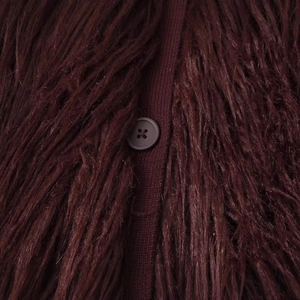 Deep burgundy faux fur knitted coat with a matte matching button and plush winter texture