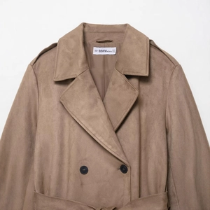 Women's faux suede trench coat in camel brown featuring a lapel collar and waist belt