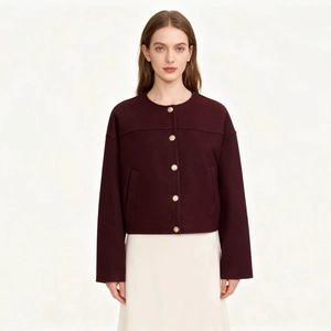 Deep burgundy wool-blend pilot jacket with premium gold buttons and minimalist round neck