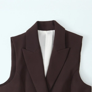 Women's dark brown sleeveless suit vest with notched lapels and side stripes