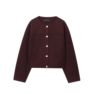 Women's burgundy knit bomber jacket with gold buttons and a classic round neck