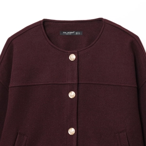 Women's burgundy crew neck bomber jacket with textured fabric and gold embossed buttons
