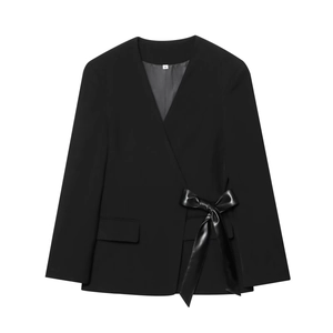 Women's black collarless wrap blazer with side leather bow tie closure and deep V-neck