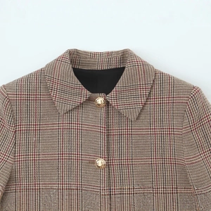 Houndstooth cropped blazer with golden buttons and classic lapel in retro plaid pattern