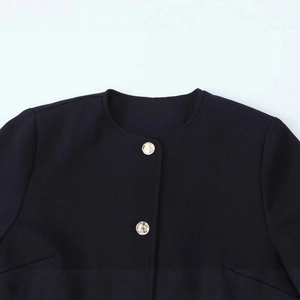 Women's dark navy round neck jacket with gold buttons and high-quality woven fabric