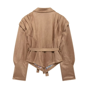 Back view of brown faux suede jacket with pleats, waist belt and floral lining detail