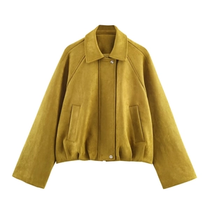Veste Pilote Femme Élégante Aspect Suédine Jaune Moutarde Revers Manches Longues Bomber Coupe Standard Fermeture Éclair Poche