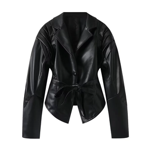 Veste Courte pour Femme en Similicuir Suède avec Ceinture Épaules Plissées Revers Manches Longues Chic Streetwear Vêtements de Sortie