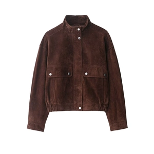 Women Vintage Faux Suede Bomber Jacket Stand Collar Dark Brown Loose Fit Pocket Short Jacket Streetwear Outwear For Autumn
