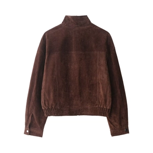 Detail view of the back of a dark brown suede bomber jacket with vertical structural seams