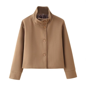 Close-up of brown short wool jacket with stand collar and four matching round buttons