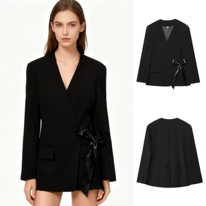 Women's Slim Fit Wrap Blazer Jacket Elegant Long Sleeve V Neck Suit Coat With Faux Leather Bow Tie Belt Office Outerwear