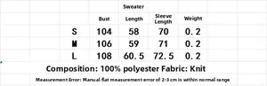Size chart for diamond pattern knit polo sweater with chest and length measurements