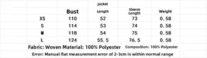 Guide des tailles détaillé pour veste bomber avec mesures du buste et de la longueur