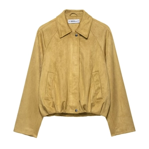 Veste Bomber en Daim pour Femmes Jaune Moutarde Manches Longues Revers Raglan Décontracté Fermeture Éclair Manteau Court