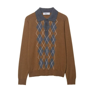 Women Argyle Knitted Polo Sweater Long Sleeve Contrast Color Lapel Slim Fit Pullover Top Casual Preppy Style Knitwear