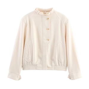 Minimalist cream white standing collar jacket with unique amber buttons for women