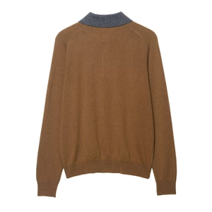 Brown knit sweater with grey polo collar and raglan sleeves seen from the back view
