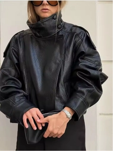 Detail of high-quality black leather jacket with stand-up collar and lantern sleeves