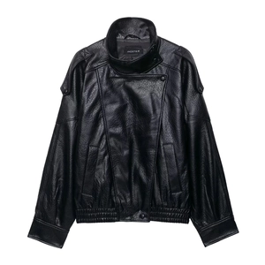 Retro faux leather biker jacket featuring a stand collar and asymmetrical zipper closure
