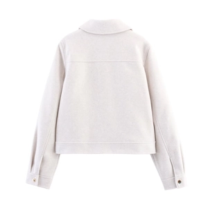 Back view of a soft cream-colored cropped jacket featuring back seams and metal buttons