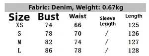 Size chart table for denim halter dress with bust waist and length measurements