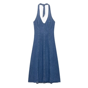 Women Halter Neck Denim Maxi Dress Elegant Backless Washed Blue Jean Dress V Neck A Line Stitching Long Dress For Casual Travel