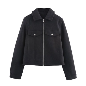 Women's minimalist black wool-blend short jacket with metal zipper and utility pockets