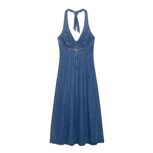 Halter neck deep V-neck denim maxi dress in dark blue wash with front zipper detail