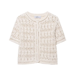 Gilet en Tricot au Crochet à Manches Courtes pour Femmes Haut Ajouré à Fleurs Crème à Boutons Col Rond Streetwear Décontracté