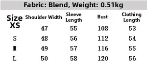 Detailed size chart for minimalist plaid jacket with fabric and weight specifications