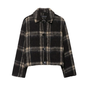 Women Vintage Large Plaid Woolen Jacket Casual Long Sleeve Lapel Button Up Mohair Look Outerwear Thick Warm Short Coat